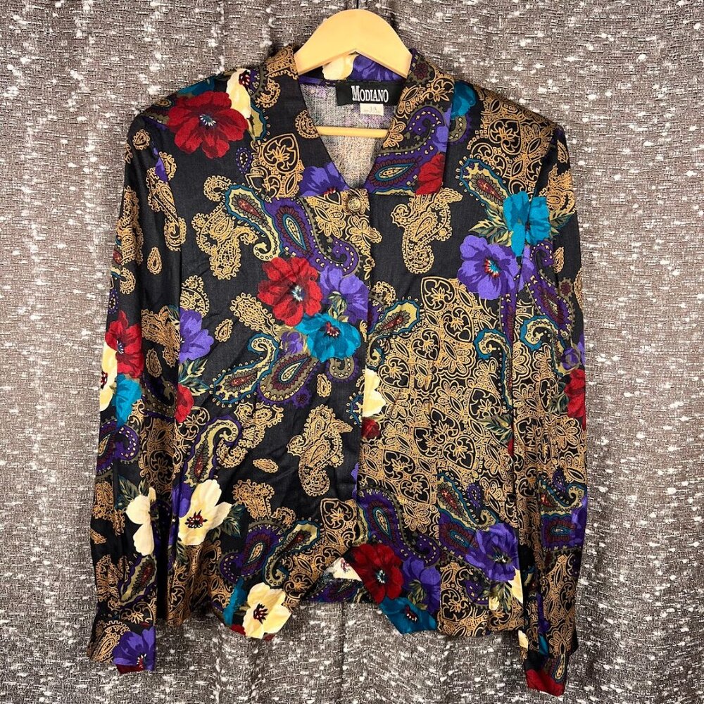 Modiano Blouse Shirt Floral Multicolor Long Sleeves Women Size 14‎